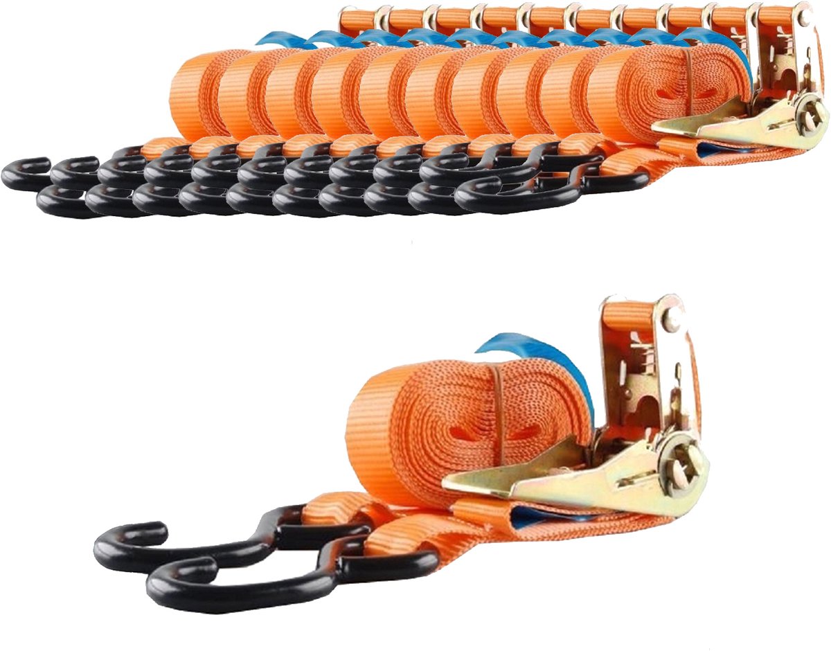 10x spanband 2-delig professionele ratelsjorband 5m 800kg oranje ladingzekering scheurbestendig
