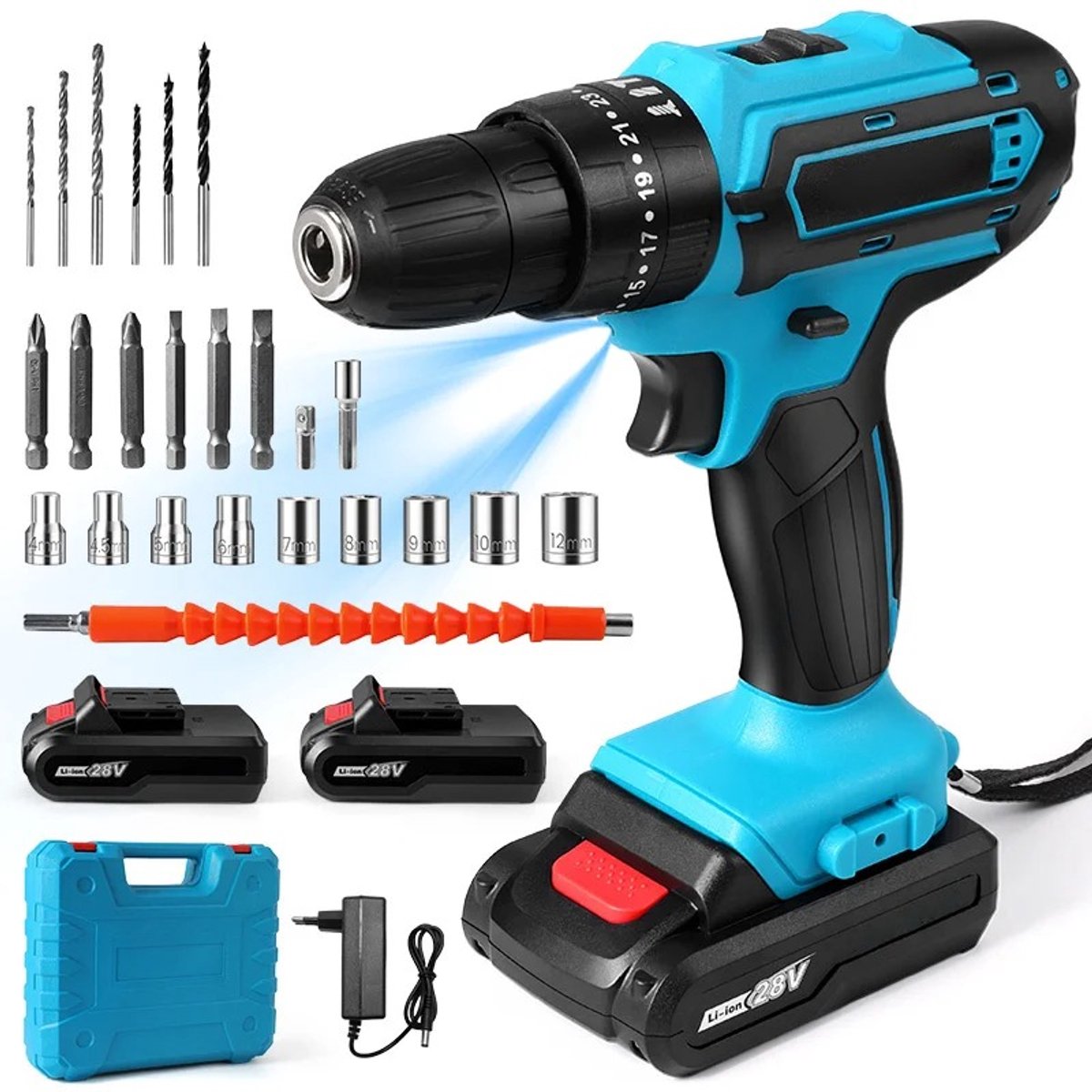 Solvix Accuboormachine – Boormachine – Boorhamer Draadloos – 28V Klopboormachine – Met 2 Accu’s en 24 Accessoires – Elektrische Schroefmachine – 1350 RPM