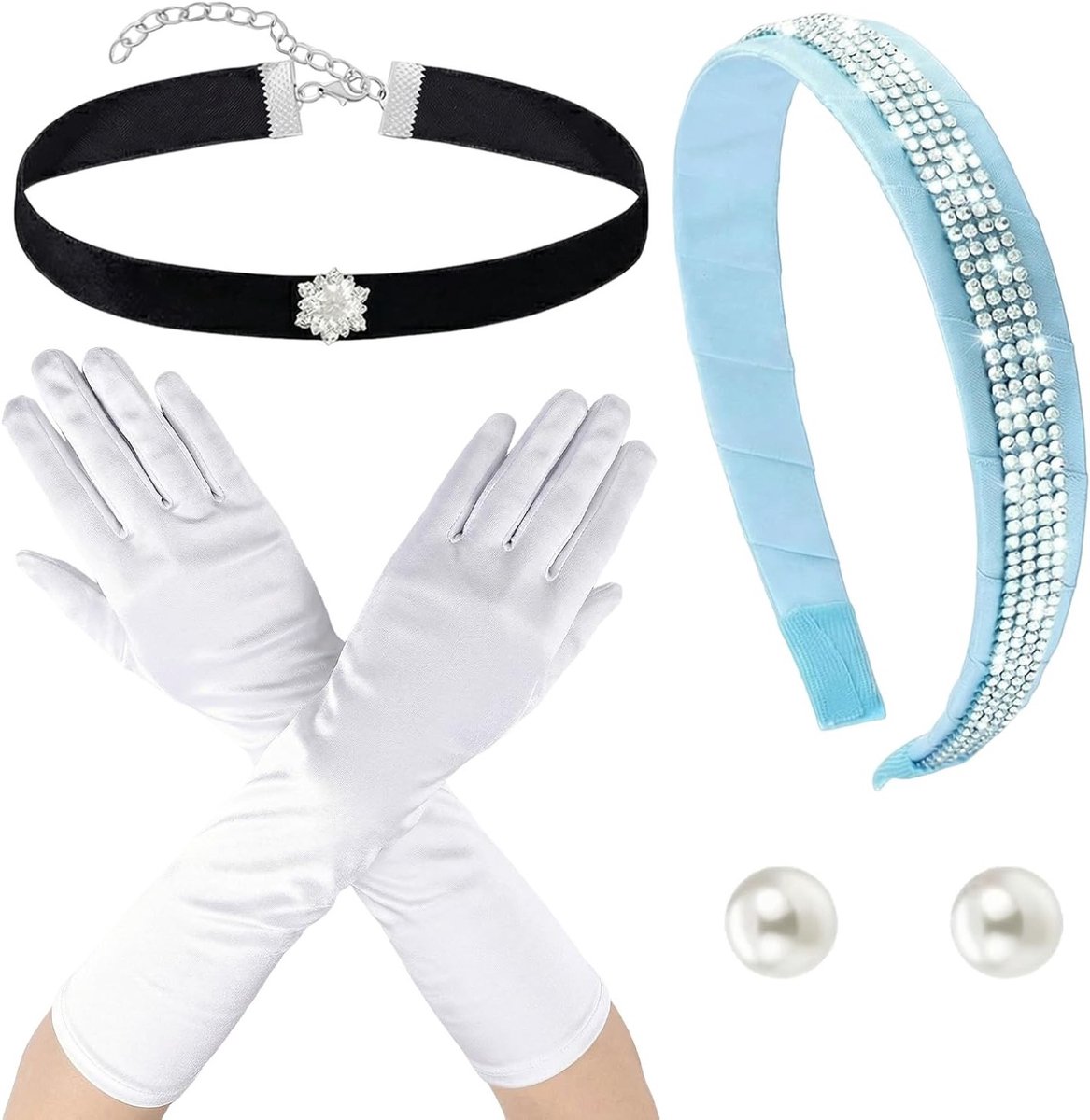 Volledige Prinsessen Kostuum Set voor Vrouwen met Blauw Haarband, Lange Witte Handschoenen voor Carnaval en Cosplay Feestjes