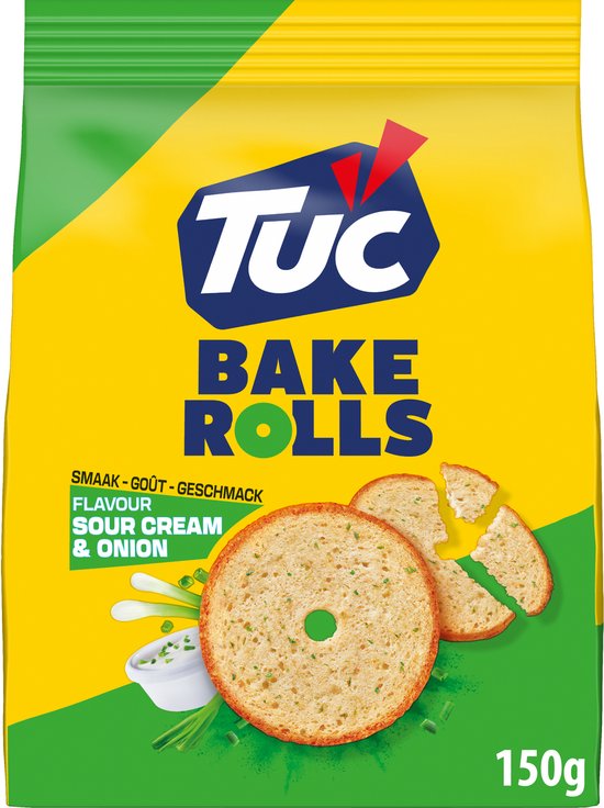 TUC Bake Rolls Zakje Sour Cream & Onion. Oven baked. 150g.