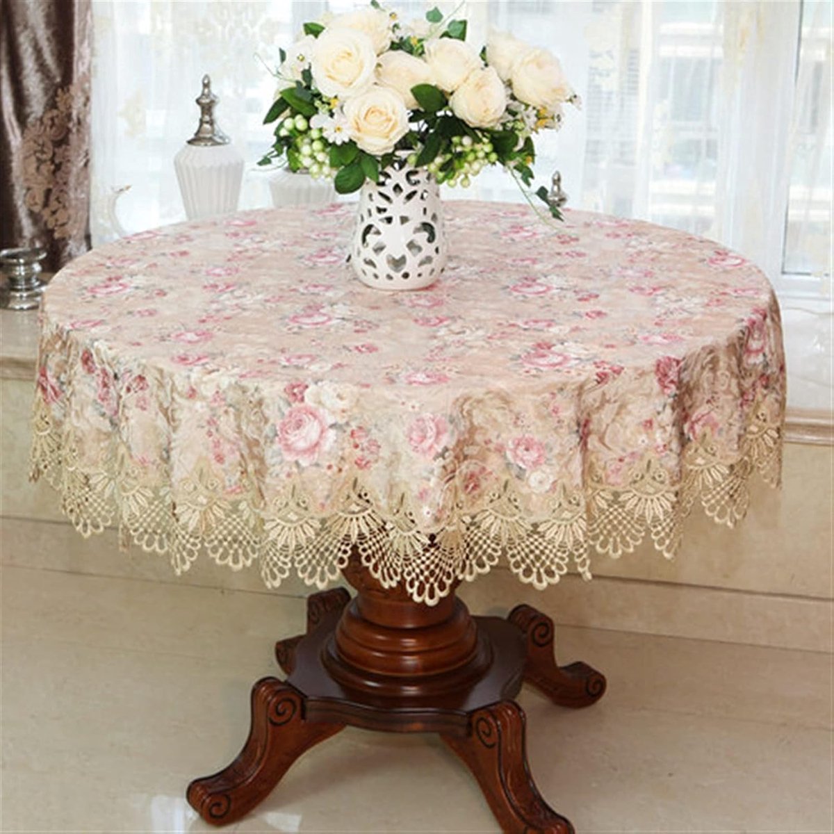 Eettafelkleed Kant - Tafelkleed Bloemen - Tafel Decoratie - Vervaagt Niet - 115cm Rond - E