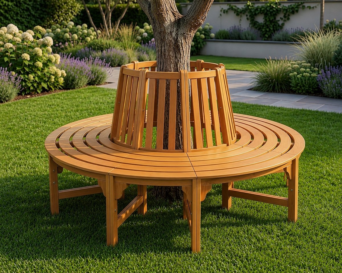 Ronde Boombank 360° Ø190 cm van Eucalyptushout – FSC® Gecertificeerd, Voorgeolied Tuinbank Rond Boom Design – Industrohome