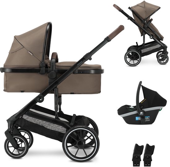 Deryan kinderwagen met reiswieg, autostoel, zitje en adapters.