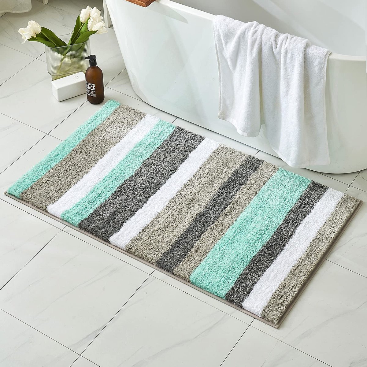 aladdien - Badkamertapijt - Antislip - Absorberend - Groen en Grijs - Microvezel - Comfortabel - Geschikt voor Badkamer en Keuken