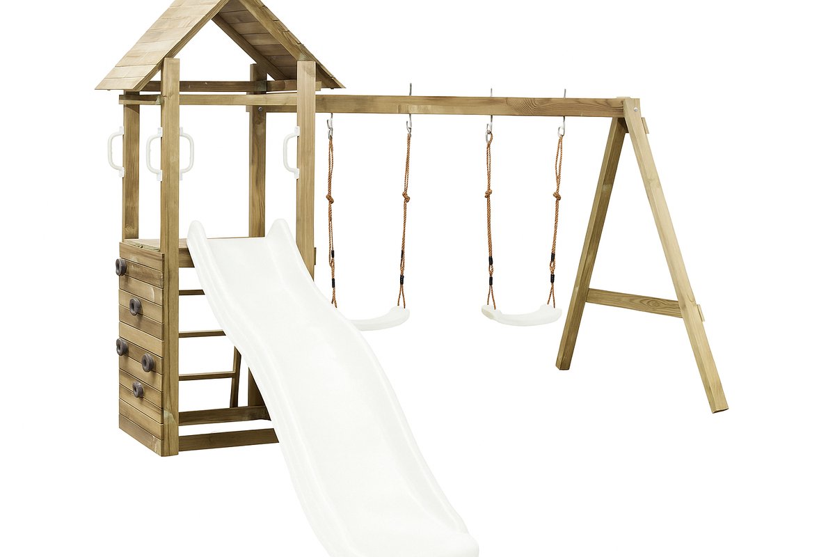 Houten speeltoestel met dubbele schommel, glijbaan en klimwand WOODY