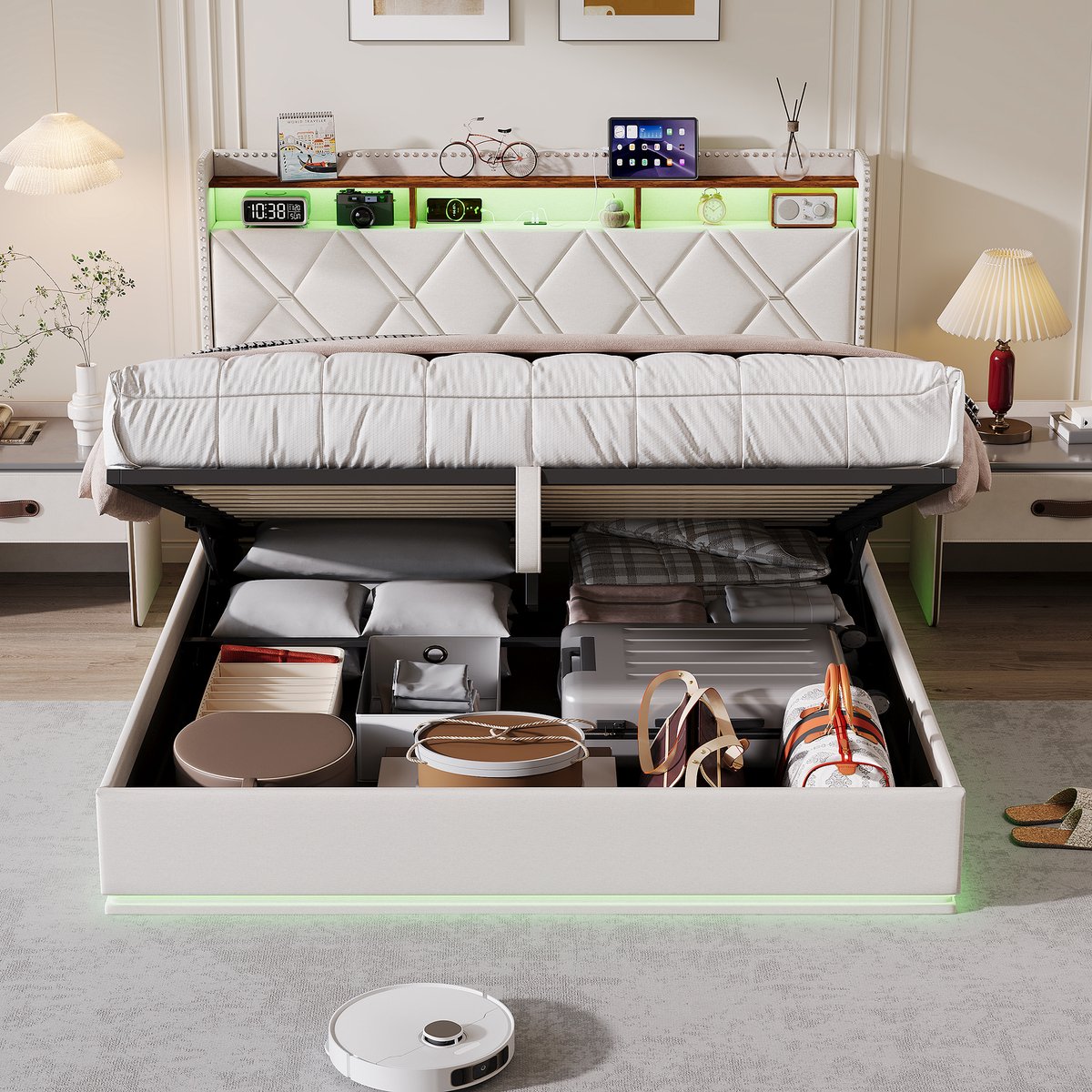 SHOPENTRA Opbergbed 140x200 cm met Hydraulische Opbergruimte, RGB LED, USB en USB-C – Beige Linnen Tweepersoonsbed