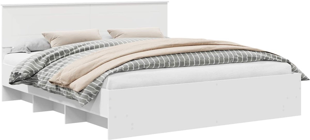 vidaXL Bedframe - met - hoofdeinde - Wit - 200 - x - 200 - cm - Bewerkt - hout