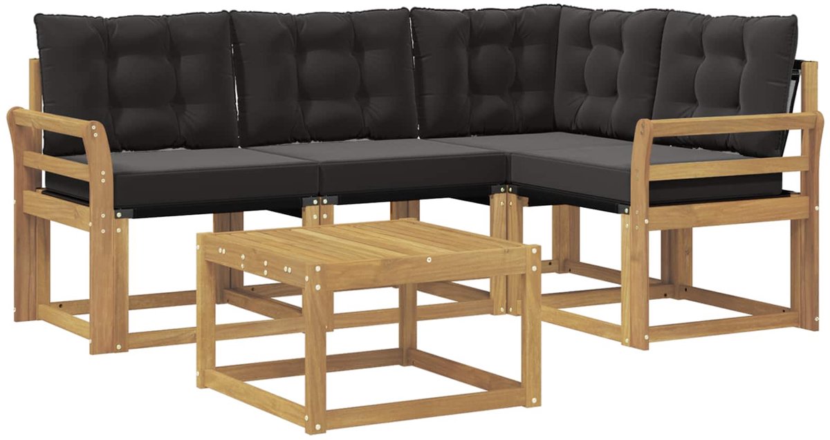 vidaXL - Buiten - bank - set - met - kussen - 5 - pcs - Wit - en - zwart