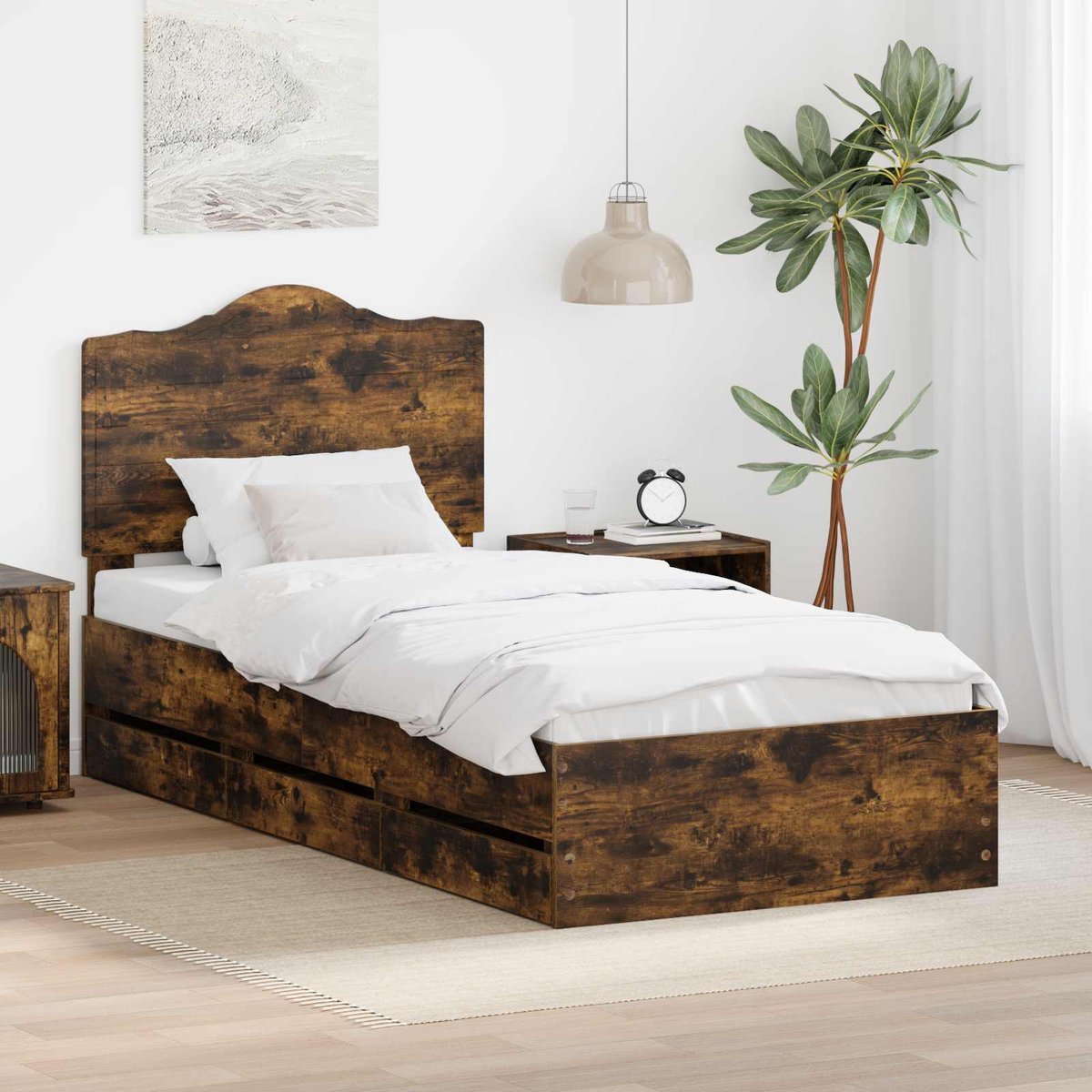 vidaXL Bedframe - met - lade - Gerookte - Eik - 75 - x - 190 - cm - Ingenieurshout Gerookte eik