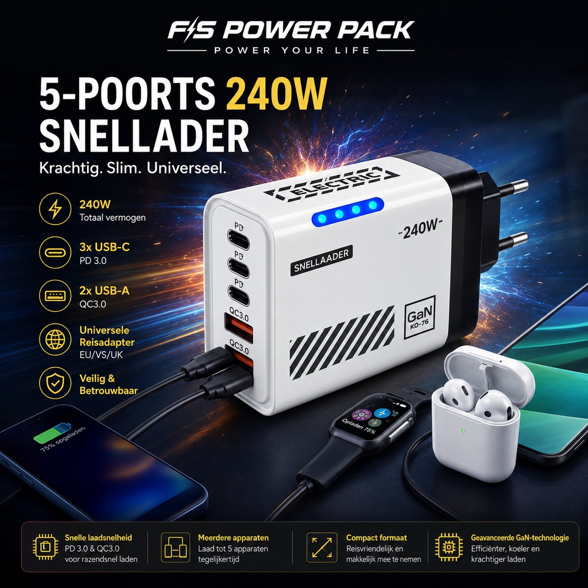 5-Poorts 250W Fast Charger FS Power Pack 5-Poorts 240W USB-C Snellader – QC3.0 & PD 3.0 – USB-A + Type-C Wandlader – Universele Reisadapter EU/VS/UK – 240W Fast Charger Wit