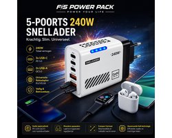 5-Poorts 240W Fast Charger FS Power Pack 5-Poorts 240W USB-C Snellader – QC3.0 & PD 3.0 – USB-A + Type-C Wandlader – Universele Reisadapter EU/VS/UK – 240W Fast Charger Wit