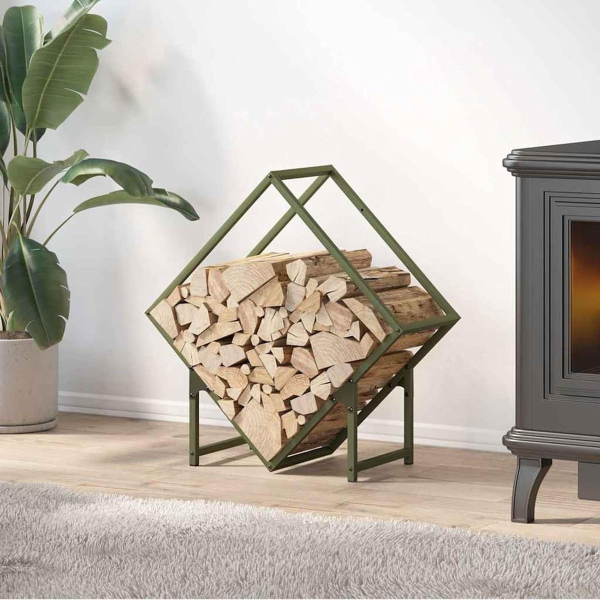 Brandhoutrek - Houtopslag Haard - Hout Opslaan - Koudgewalst Staal - 60 x 25 x 60 cm - Olijfgroen