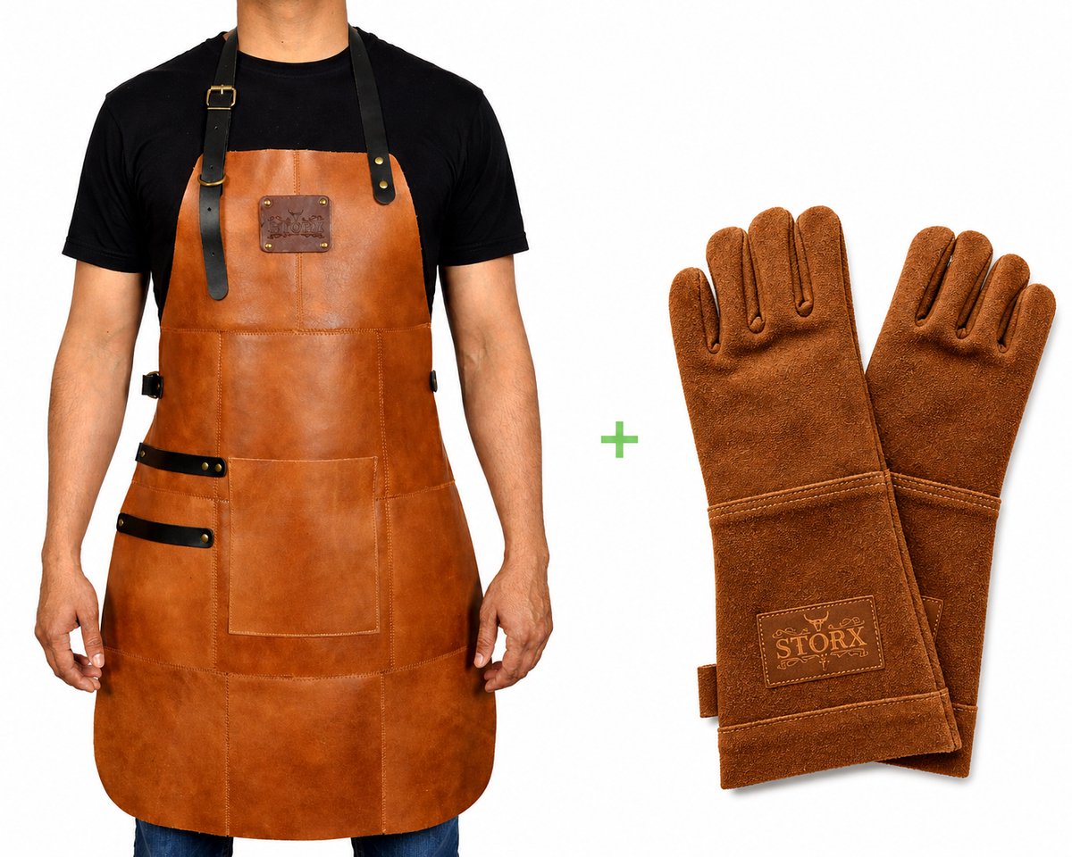 Leren BBQ Schort met Leren Handschoenen – Licht Bruin Echt Leer – 2 Jaar Garantie – Stoer Luxe Kookschort voor Mannen – Barbecue Schort met Groot Vak en Handdoek lus – Voor Vaderdag, Kerst of Verjaardag