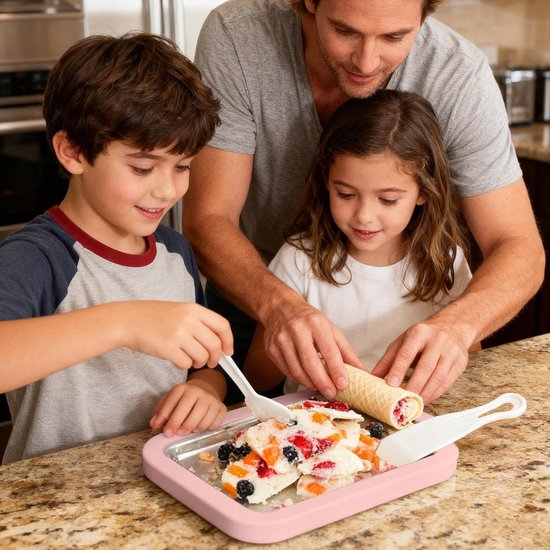 IJsmachine Plaat - Rolijs Maker - Desserts Maken - Handmatig Schraapmechanisme - 22.6 cm - Roze van Merkloos — afbeelding 2