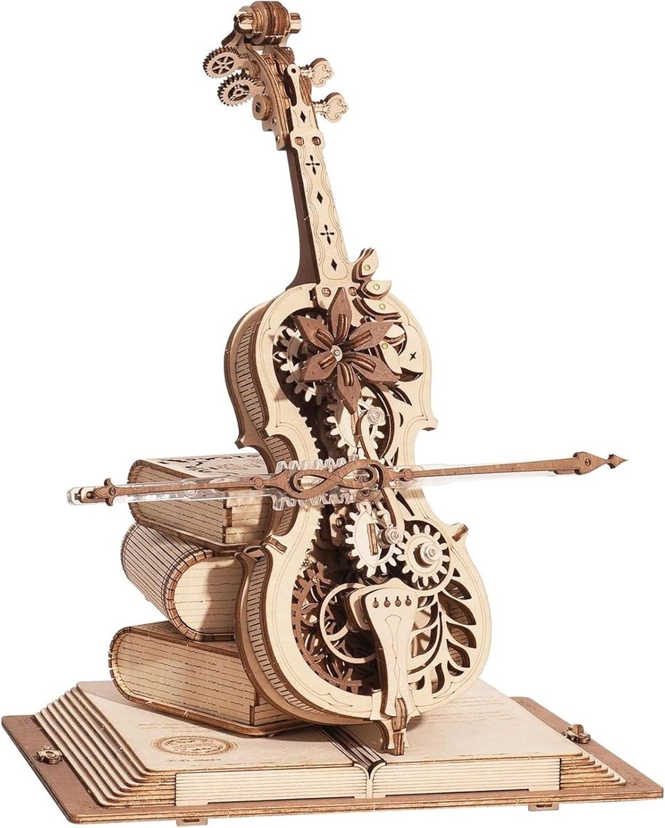 Muziekdoos Cello - Houten Puzzel 3D - Model Bouwen - Zichtbare Tandwielen - 10 x 10 x 10 cm - Houtkleur