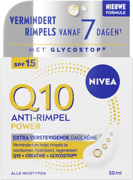 Verpakking van NIVEA Q10 Anti-Rimpel Power Extra Verstevigende Dagcrème SPF 15.