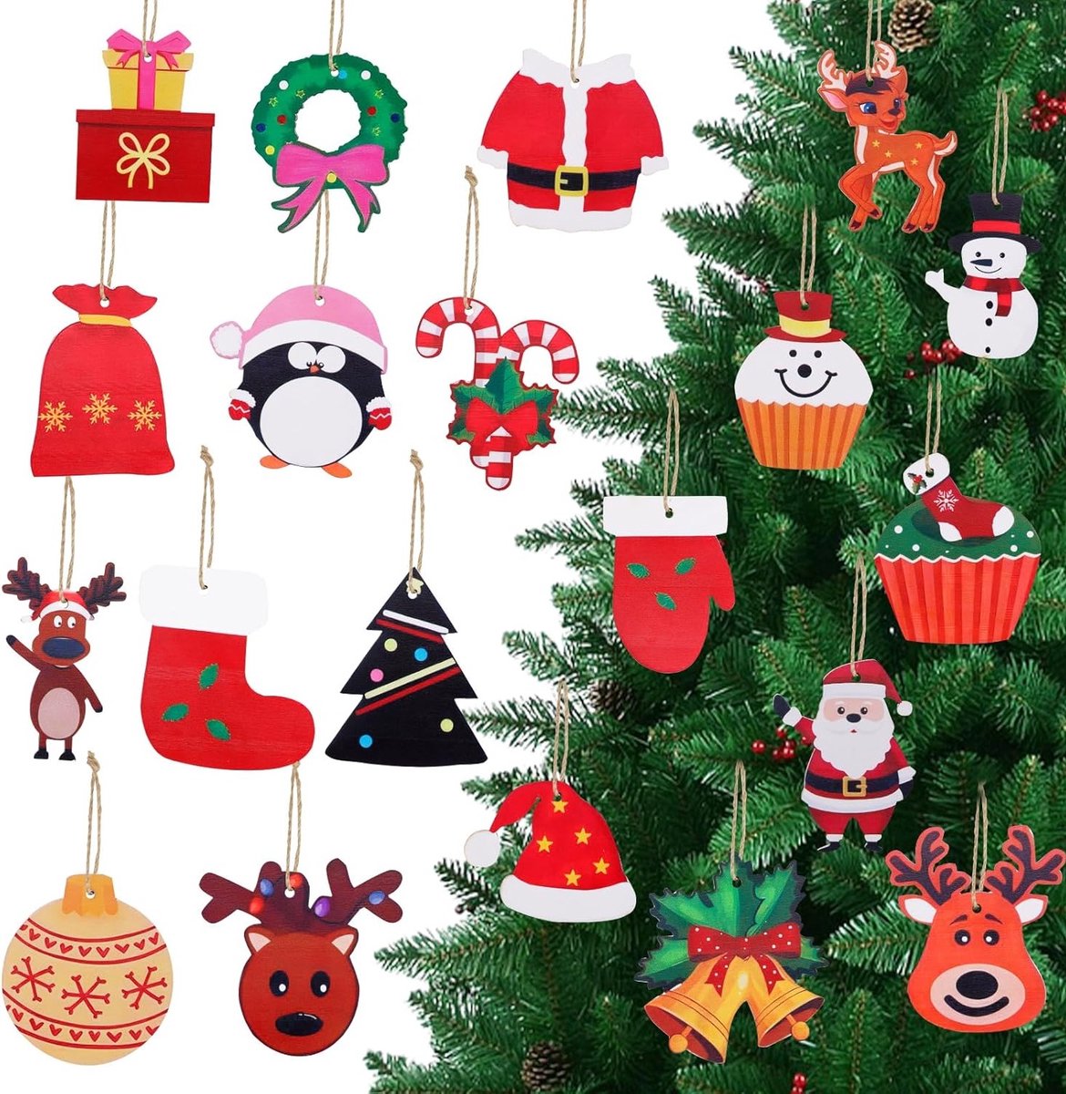 Houten ornamenten set met 20 stuks in schattige cartoonvormen voor decoratie en creatief knutselen