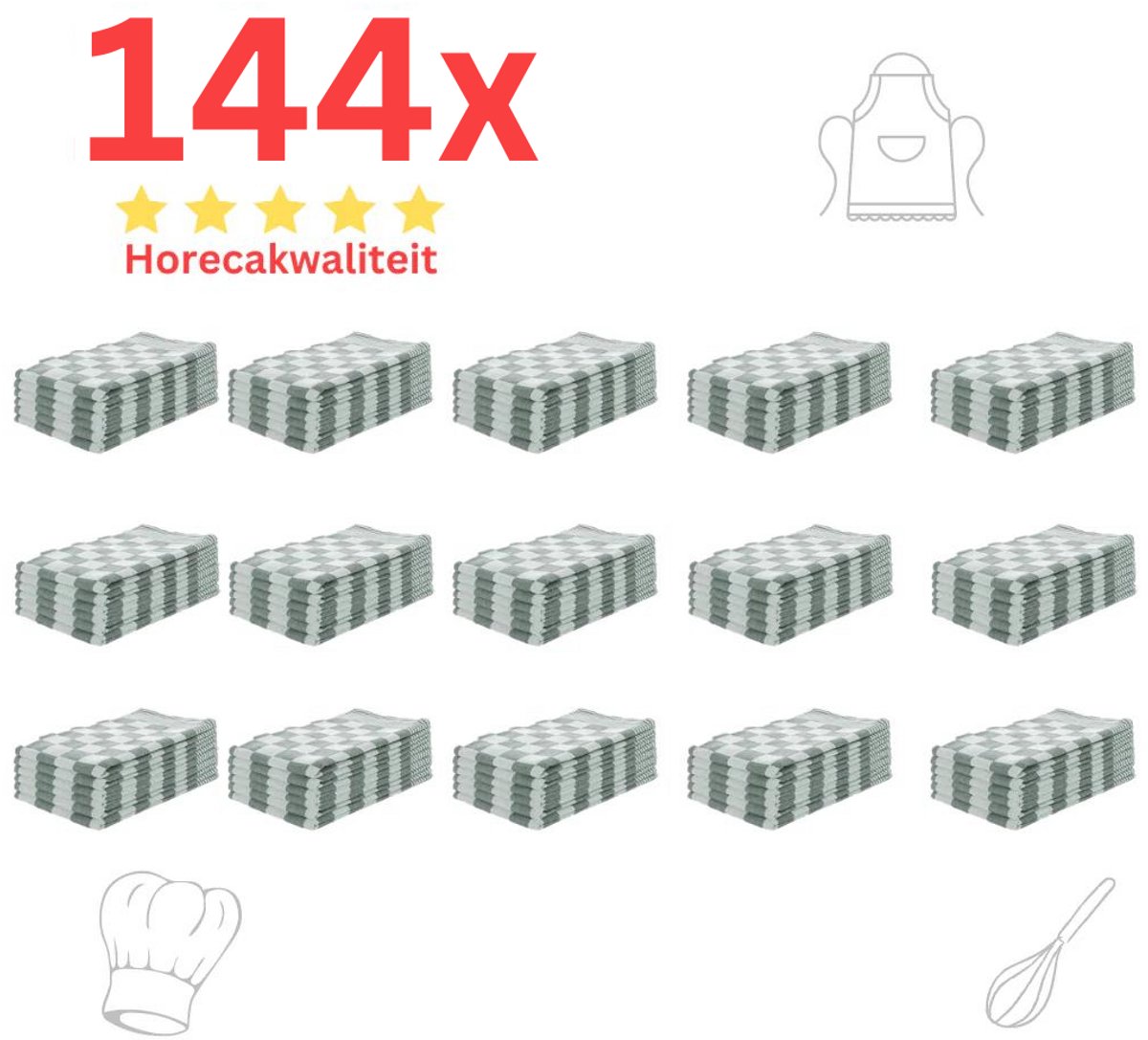 Theedoeken - Horeca Kwaliteit - Katoenenen Theedoeken set - 144 x - Groen Wit - Ophang Lus