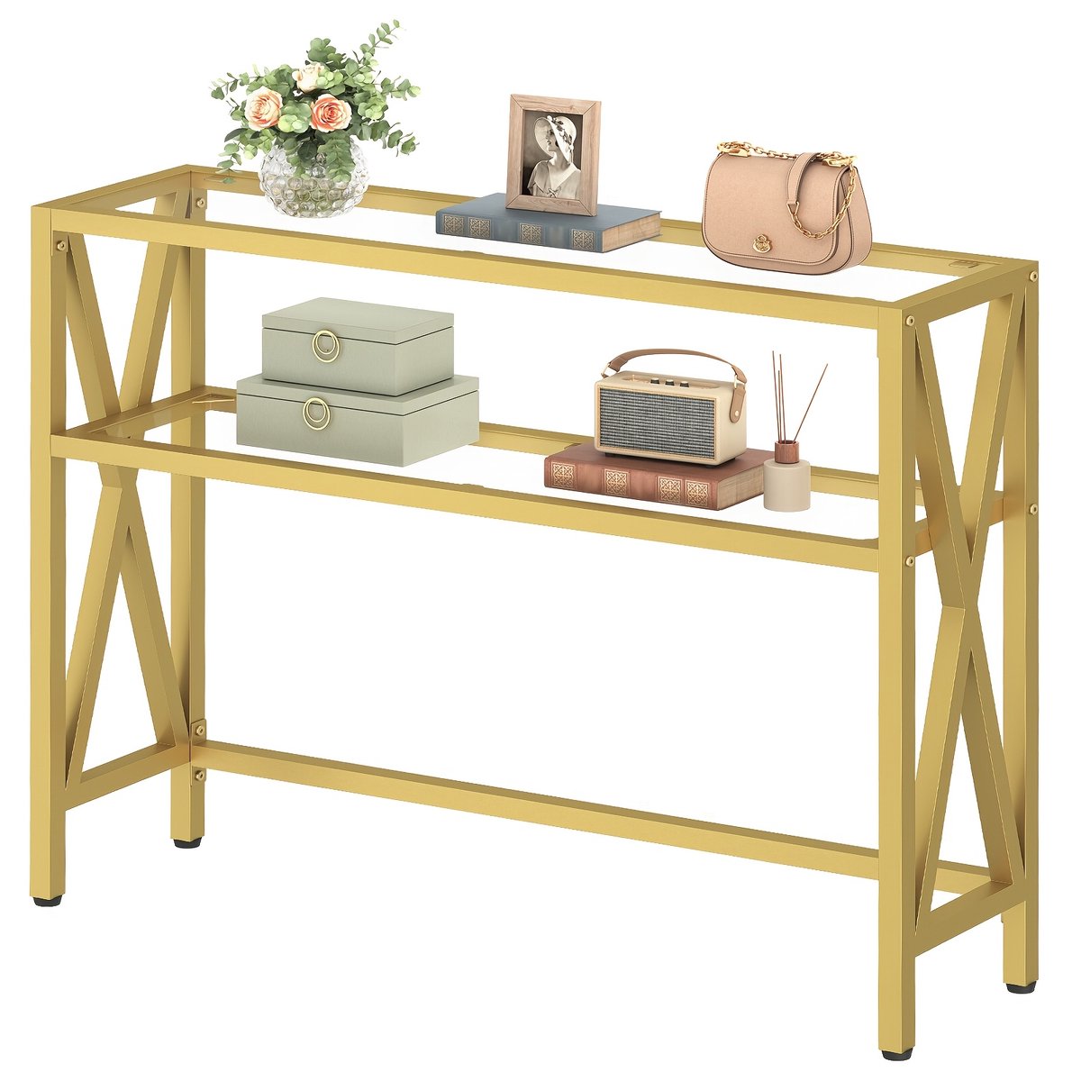 Consoletafel-Haltafel- smalle -Entreetafel met Planken-Gehard Glas (100x 25 x 80 ) cm- Gouden Metalen Frame-Goud.