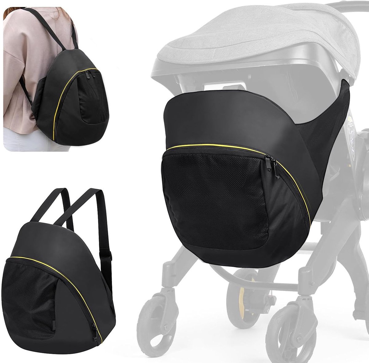 1 Kinderwagen-organizer - 28×20×32 cm - Omvormbaar tot rugzak/luiertas - Multifunctioneel - Lichtgewicht & Draagbaar - Met ritssluiting - Biedt ruimte aan alle babybenodigdheden - Zwart