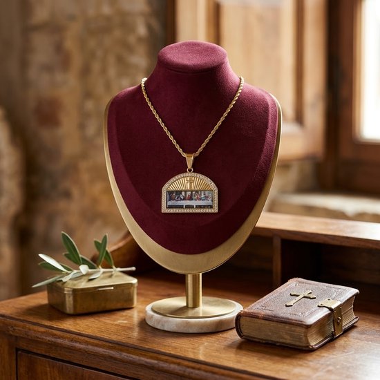 Gouden ketting met hanger van het Laatste Avondmaal, ingelijst met strass, op een sierkussen.