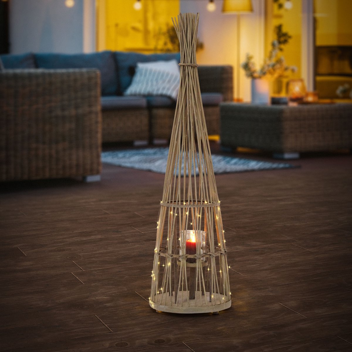 ECD Germany Bamboe lantaarn decoratieve houten windlicht serie grote kaarsenhouder van 110 cm hoog, sfeervolle led lichtketting met glazen inzetstuk luxe boho stijl tuinlantaarn gevlochten look moderne decoratie voor binnen buiten terras en woonkamer — cadeau in Wonen & Interieur - foto 5