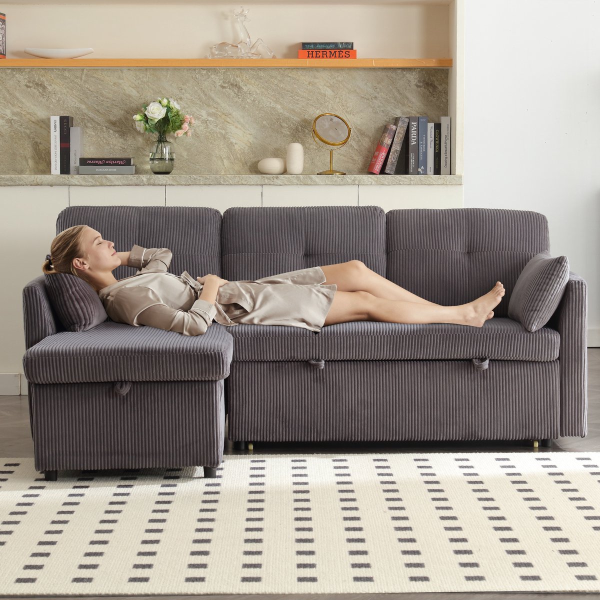 Multifunctionele slaapbank met opbergruimte en uitschuifbaar bed, chaise longue die kan worden omgebouwd tot slaapbank, hoekbank met opbergruimte in de zitgedeeltes, modulaire L-vormige bank, modulaire hoekbank voor de woonkamer