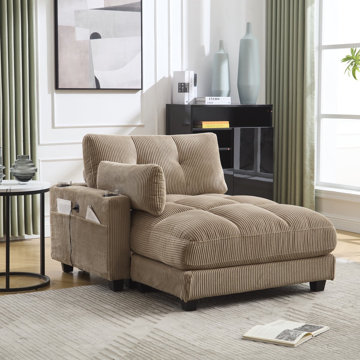 Palm fauteuil, zachte gestreepte kussens, handrail met verrijdbare kussens, hoofdsteunflappen, drie bekerhouders en een broekzak aan de zijkant, past in zowel de woonkamer als de slaapkamer, kaki