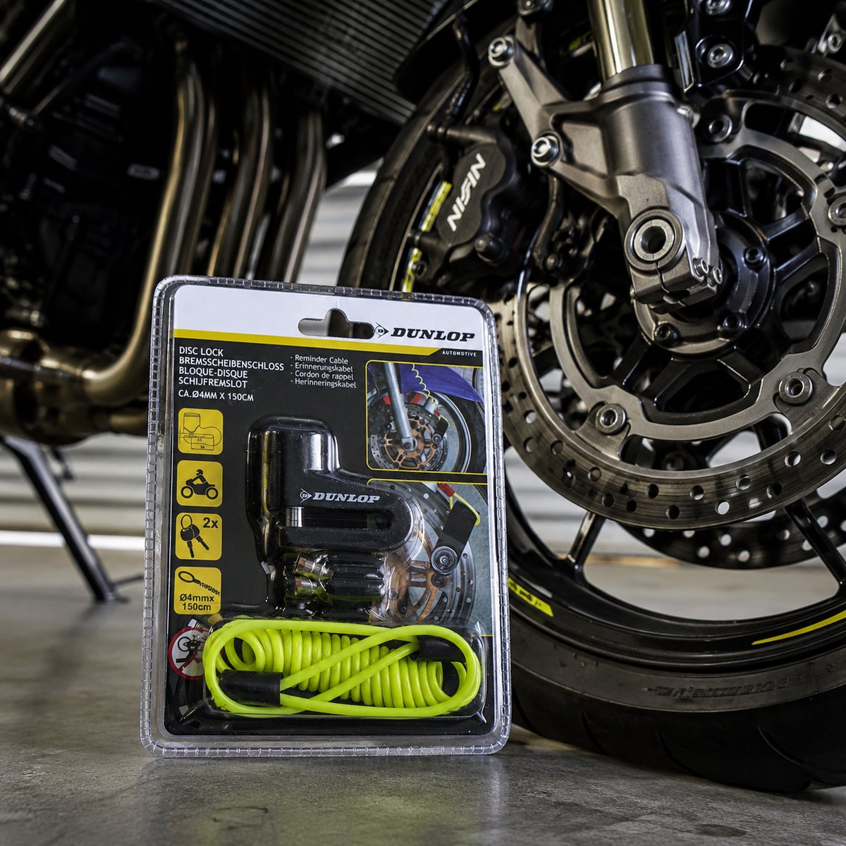 Dunlop Remschijfslot met Herinneringskabel - 2 Sleutels - Wielslot Fiets/ Motor/ Scooter - 1 Willekeurige Kleur