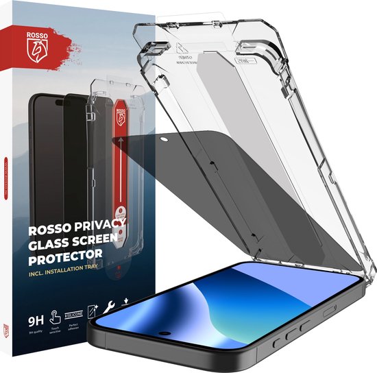Verpakking van Rosso privacy screenprotector met smartphone en installatietray. "Rosso privacy glass screen protector"