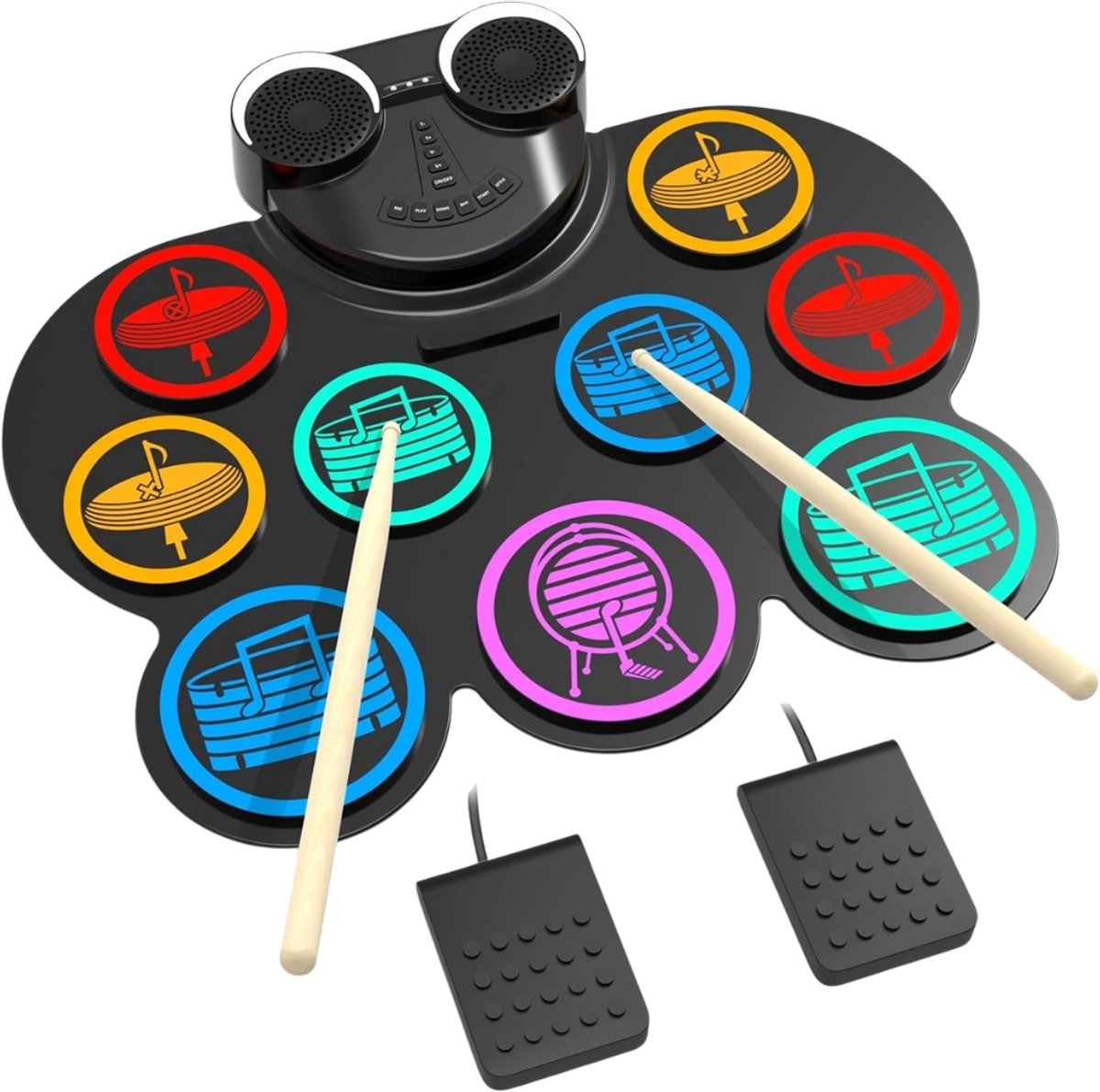 Fabono-Elektrisch Drumstel met Bluetooth – Opvouwbare Elektronische Drumset met 9 Pads, Stereo Speakers & MIDI – Draagbare Siliconen Drumpad voor Kinderen, Beginners en Volwassenen