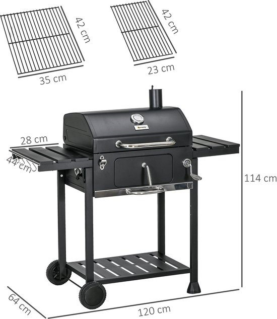Houtskoolbarbecue - Grillwagen - Tuinbarbecue - Twee roosters - Inklapbare zijtafels - Opbergplank - Handvat - Buiten koken - 120x64x114cm - Zwart van Merkloos — afbeelding 5