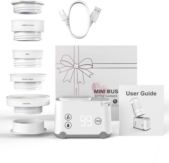 Flessenwarmer met meerdere adapters voor verschillende merken, USB-kabel, geschenkverpakking en gebruikershandleiding.