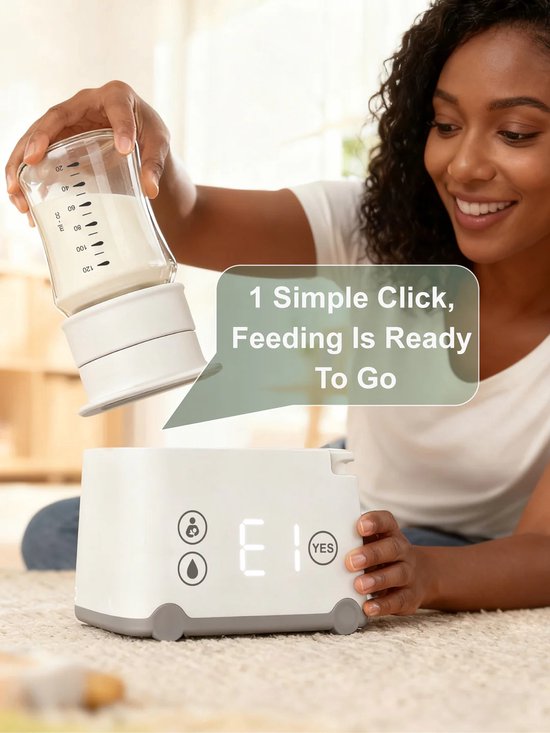 Een vrouw met een glimlach voegt een melkfles toe aan een witte flessenwarmer met digitale display.