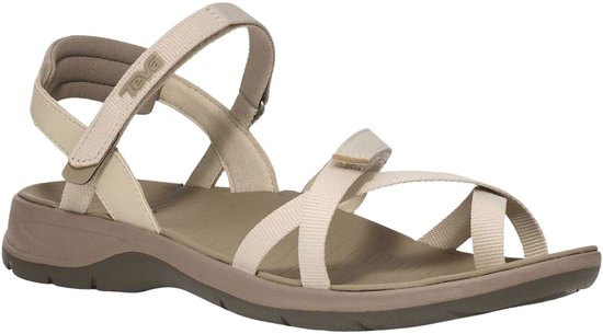 Rechterzijaanzicht van een beige Teva sandaal met taupe zool en bandjes.