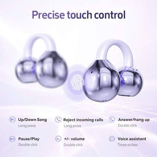 Clip-on Bluetooth 5.4 oordopjes | Open ontwerp, luchtgeleiding, 50 uur batterijduur, IPX4 waterdicht, geschikt voor sport en brildragers – Paars — afbeelding 3