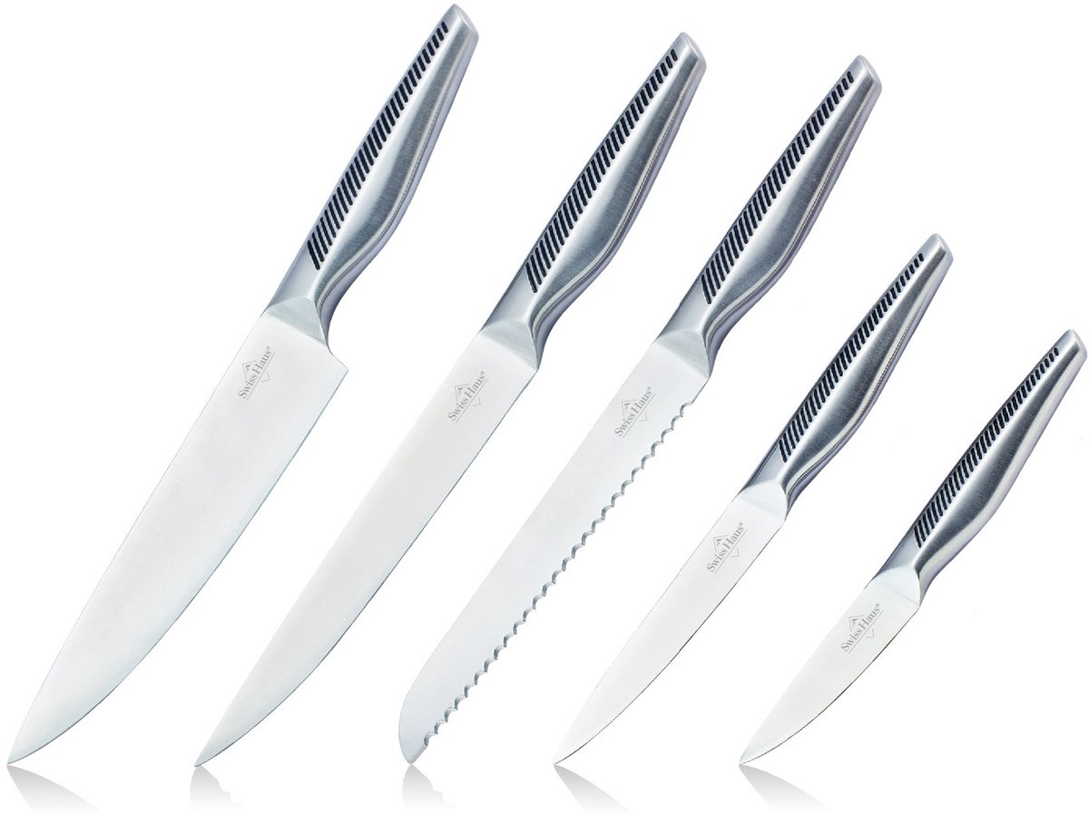 Swiss Haus® KS5LS Messenset - 5 Delige Professionele Keukenmessen Set inclusief Broodmes, Koksmes, & Groentemes – Vaatwasbestendig – Inclusief Geschenkdoos - RVS