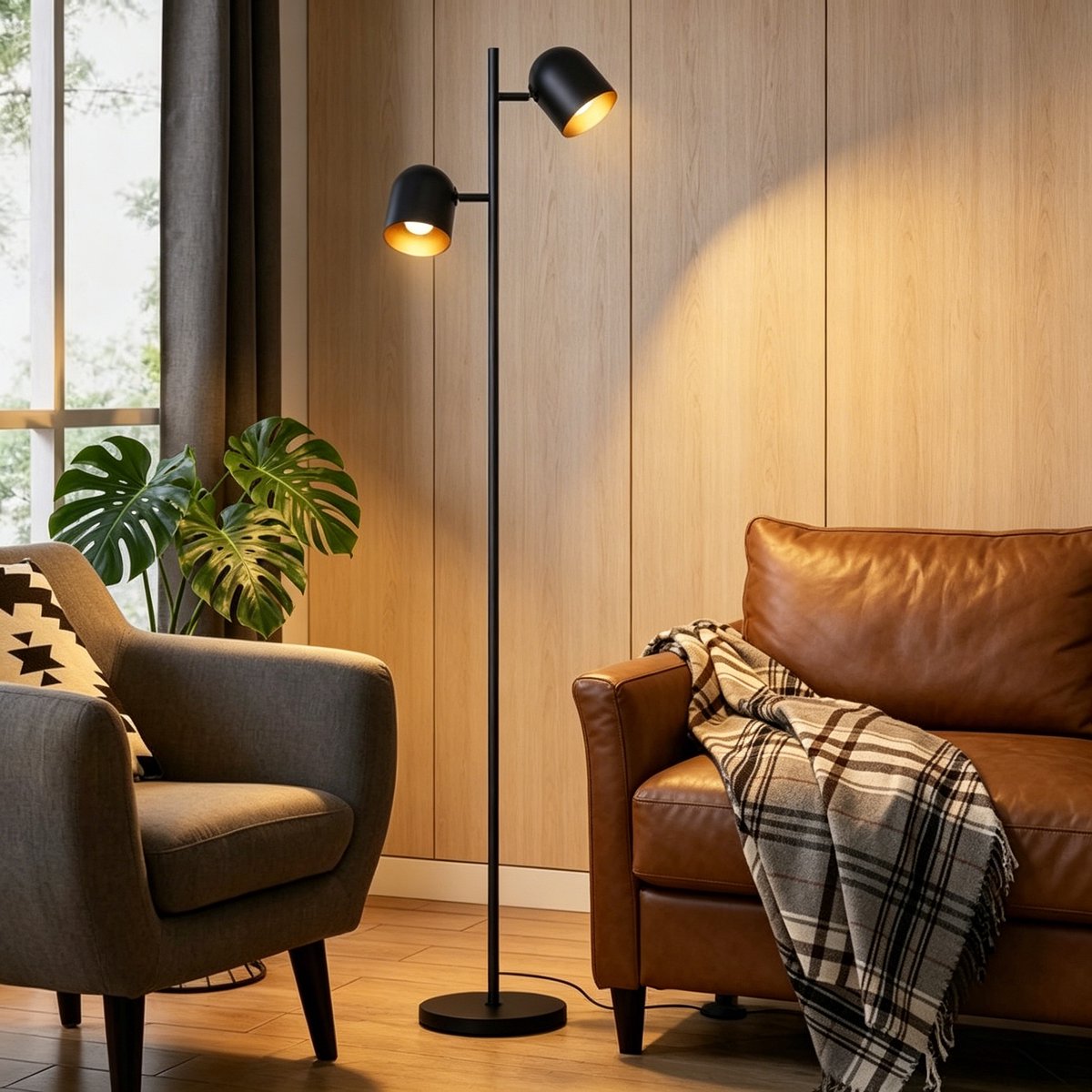 NETTLIFE Vloerlamp E14 - 2-Lichts - zwart en goud - Vintage Staande Lampen - Metaal - met voetschakelaar - 350° draaibaar - industriële Staande Lampen - voor Slaapkamer | Woonkamer | Studie - 145cm-excl. lichtbron