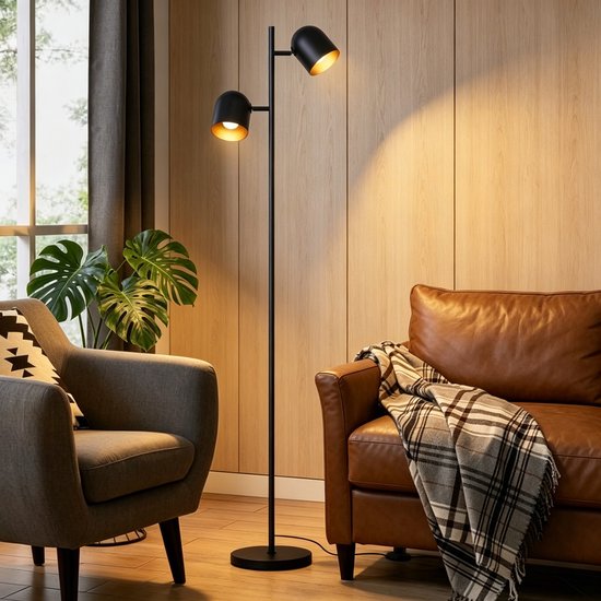 NETTLIFE Vloerlamp E14 - 2-Lichts - zwart en goud - Vintage Staande Lampen - Metaal - met voetschakelaar - 350° draaibaar - industriële Staande Lampen - voor Slaapkamer | Woonkamer | Studie - 145cm-excl. lichtbron