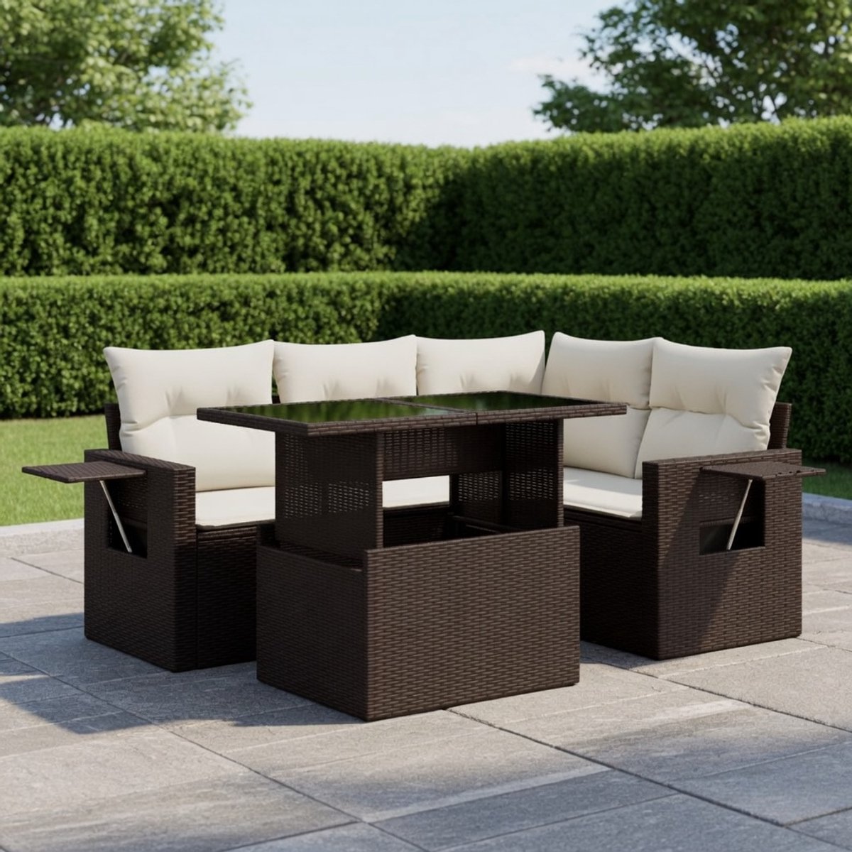 5-Delige Polyrotan Loungeset Bruin & Crème – Tuinmeubelset met Verstelbare Tafel – L-Vorm Bank + Bijzettafels + Kussens – Voor Tuin & Terras – IndustroHome