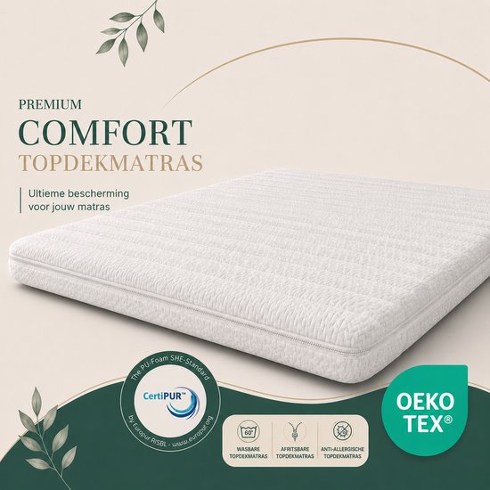 Surmatelas blanc à motif losange, avec les labels CertiPUR et OEKO TEX. Texte "Premium Comfort Topdekmatras".