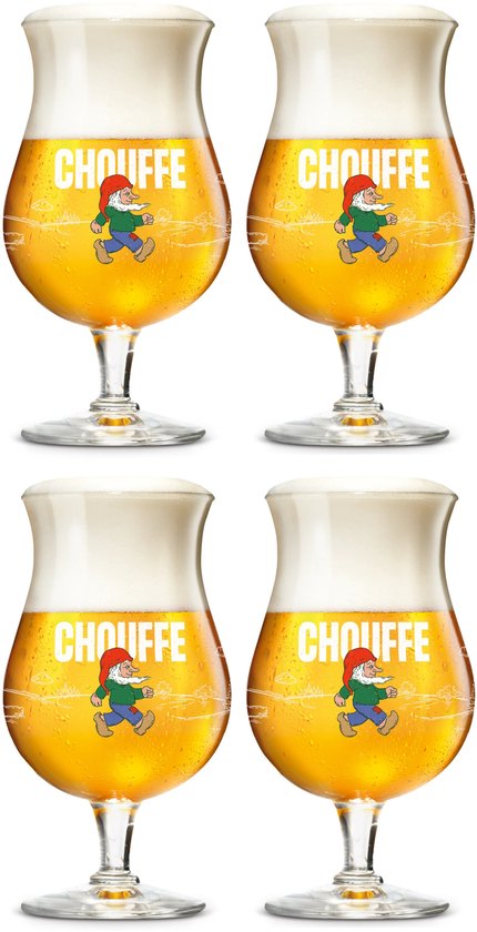 Quatre verres à bière La Chouffe, chacun avec le logo Chouffe et un gnome qui court.