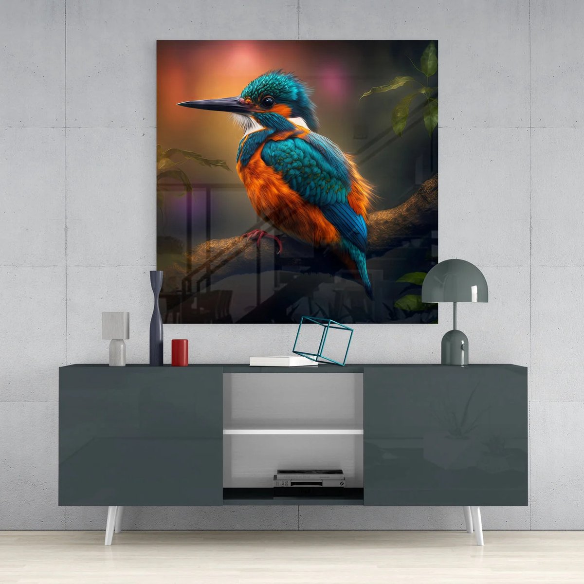 Vierkant Glasschilderij Kleurrijke IJsvogel - Moderne Dieren Wanddecoratie - 60 x 60 cm