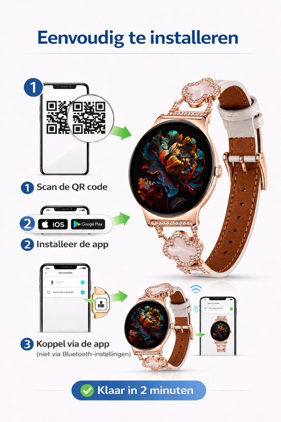 Hibousee Smartwatch voor Dames met Bluetooth Bellen, Gezondheid & Fitness Tracker – Stappenteller, Hartslagmeter, Slaapmonitor – iOS & Android - Incl 3 bandjes