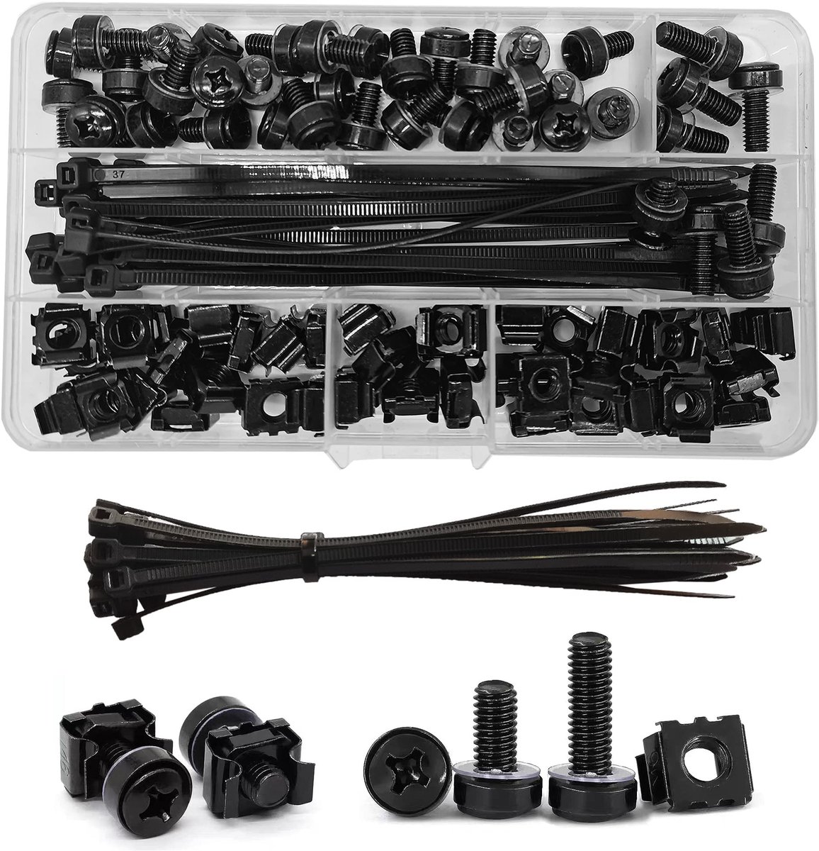 aladdien - M6 x 16/20mm Rack Schroeven - Set Assortiment voor Serverkasten - Zwart - Kooimoeren Set - Geschikt voor Netwerkapparatuur - 100 Stuks