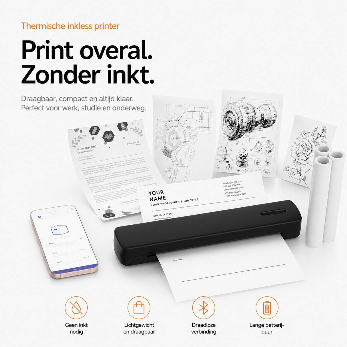 Sounix Portable Bluetooth Printer - A4 Formaat - Draadloos - Thermische Inktvrije Printer - Zwart — afbeelding 4