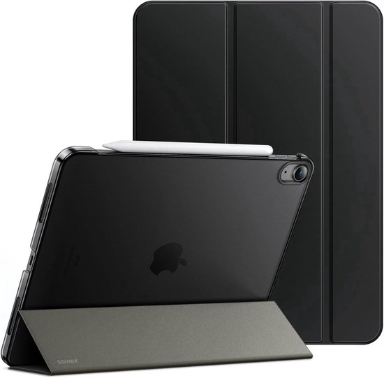 Zwarte iPad-hoes met transparante achterkant en magnetische voorflap, met een stylus.