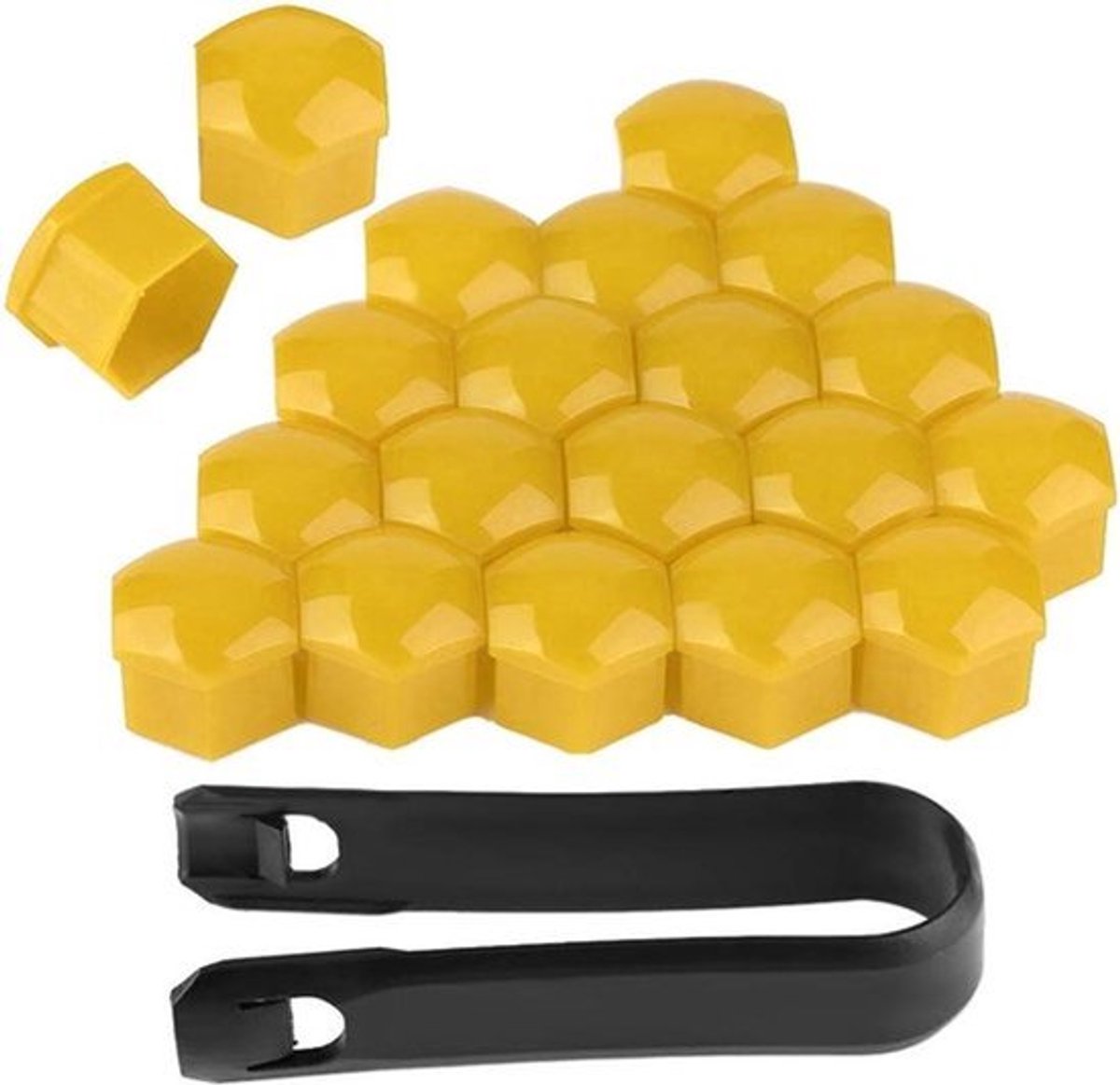 20 stuks wielmoerkappen + ventieldopjes voor auto's 19mm - Zwart (Geel)