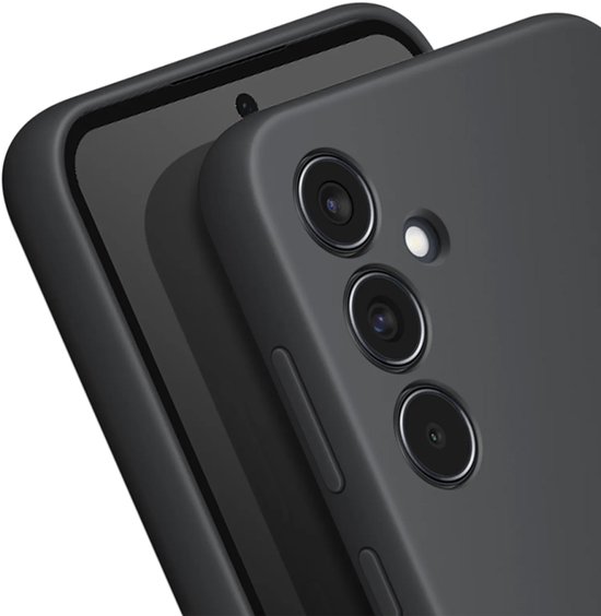 Close-up van een zwarte siliconen hoes met de drie camera-uitsparingen zichtbaar.