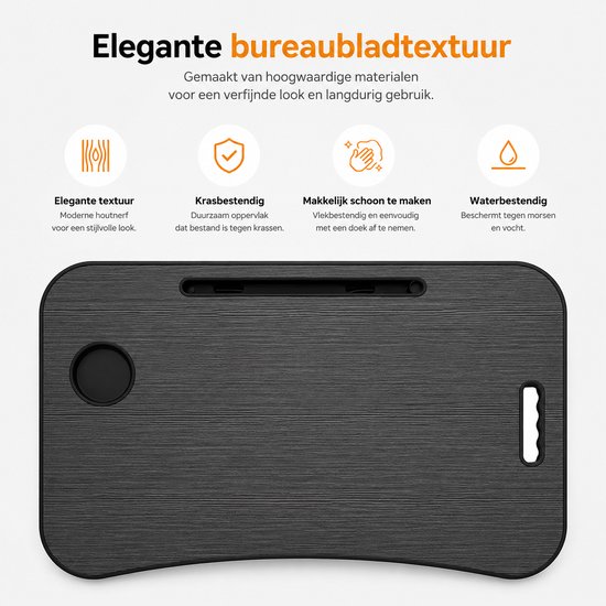 Detail van het geborstelde houten oppervlak van de zwarte inklapbare tafel. Met bekerhouder en handvat.